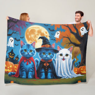 Oosters Blauwe Katten Pompoen Halloween Grappig Fleece Deken