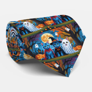 Oosters Blauwe Katten Pompoen Halloween Grappig Stropdas