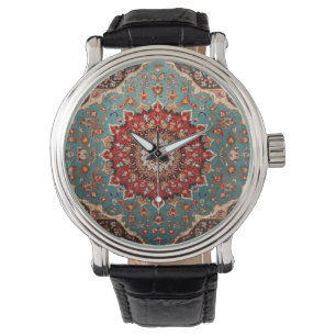 Oosters Perzisch Patroon Rood Cream Blauw Horloge