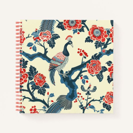 Oosters Rood & Blauw Bloemen Pauw Notitieboek (Voorkant)