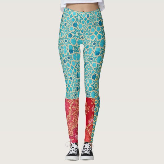 OOSTERS rood turquoise patroon - Leggings (Voorkant)
