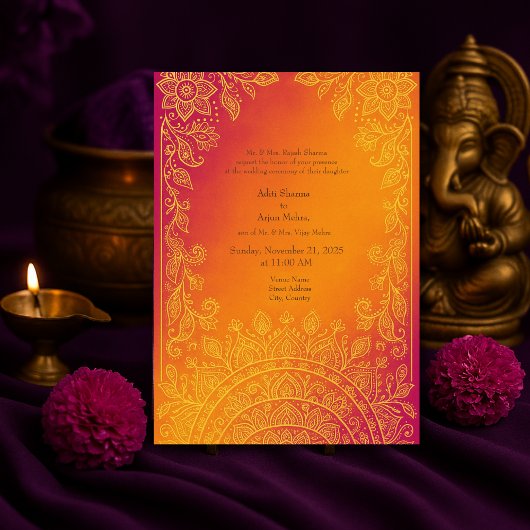 Oosters sinaasappel geel Sunset Mandala Huwelijk Kaart