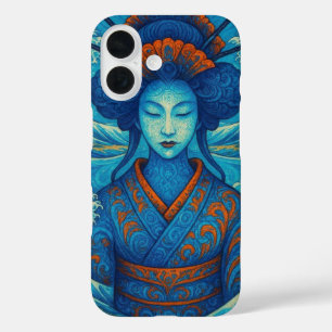 Oosterse abstracte schoonheid Geisha Maiko blauwe iPhone 16 Hoesje