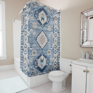 Oosterse Antieke Blauwe Kilim Vloerkleed Douchegordijn