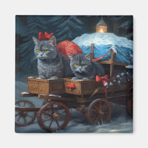 Oosterse Blauwe Kat Besneeuwde slee Kerst Decorati Magneet