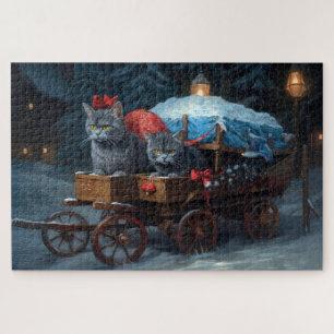 Oosterse Blauwe Kat Besneeuwde slee Kerstversierin Legpuzzel