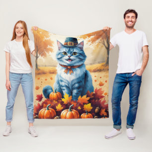 Oosterse Blauwe Kat In Herfstbladeren Dankdag Fleece Deken