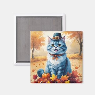 Oosterse Blauwe Kat In Herfstbladeren Dankdag Magneet