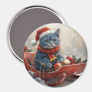 Oosterse Blauwe Kat in slee Laat het sneeuwen Kers Magneet