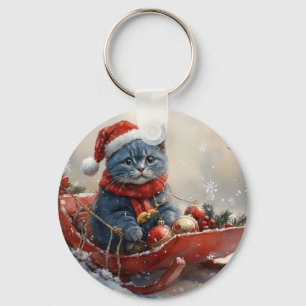 Oosterse Blauwe Kat in slee Laat het sneeuwen Kers Sleutelhanger