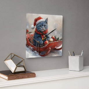 Oosterse Blauwe Kat in slee Laat het sneeuwen Kers Vierkante Klok
