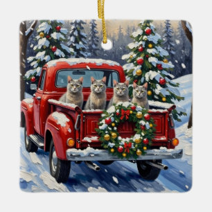 Oosterse Blauwe Kat Kerst Rode Truck Vakantie Keramisch Ornament