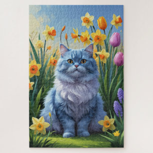 Oosterse Blauwe Kat Lentebloemen Schilderij Legpuzzel