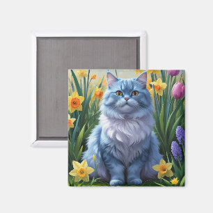 Oosterse Blauwe Kat Lentebloemen Schilderij Magneet