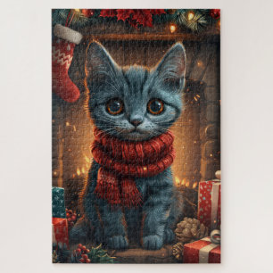 Oosterse Blauwe Kat Met Kerstcadeau Haard Legpuzzel