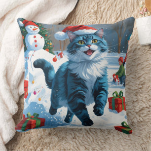 Oosterse Blauwe Kat zit in Sneeuw Kerstmuts Kussen