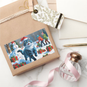Oosterse Blauwe Kat zit in Sneeuw Kerstmuts Rechthoekige Sticker
