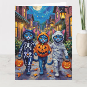 Oosterse Blauwe Katten Trick-or-Treating Halloween Kaart