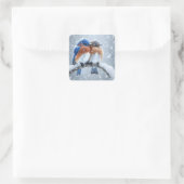 Oosterse blauwvogels in de sneeuw vierkante sticker (Tas)