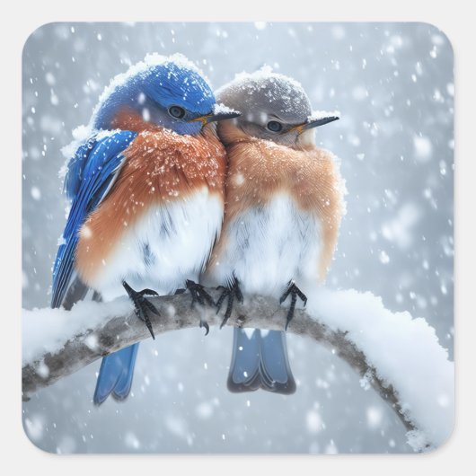 Oosterse blauwvogels in de sneeuw vierkante sticker (Voorkant)