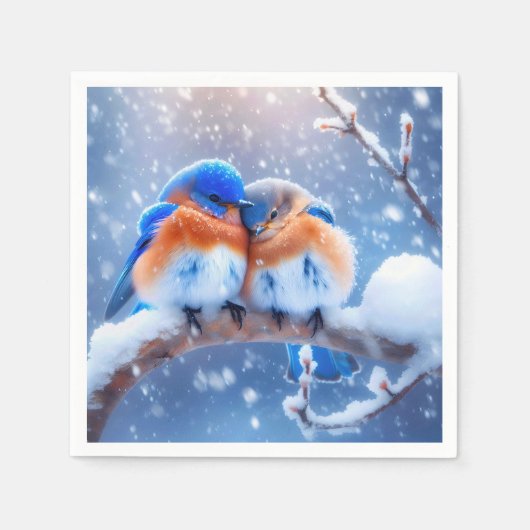 Oosterse Blauwvogels Snuggling op een besneeuwde t Servet (Voorkant)