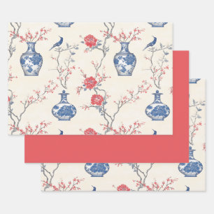 Oosterse elegantie: blauw porselein en bloesems inpakpapier vel