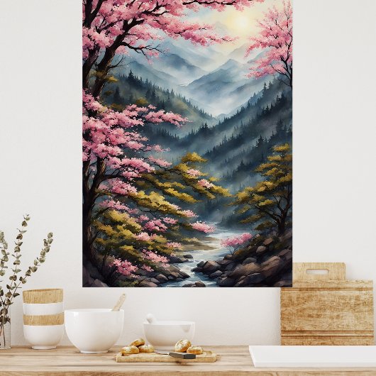 Oosterse kersenbloesems Waterverf schilderij Poster (Keuken)