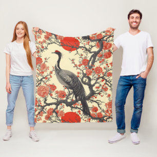 Oosterse Kraanvogel en Pioen - Traditionele Aziati Fleece Deken