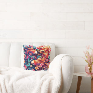 Oosterse levendige abstracte koi vissen en golven kussen