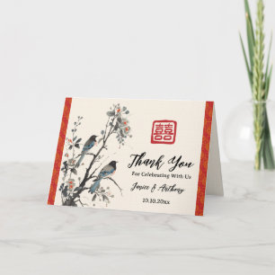 Oosterse rode bloem vogel Chinese bruiloft Bedankkaart