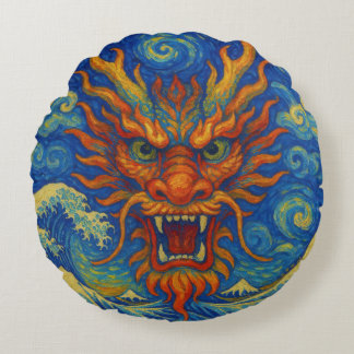 Oosterse rode draak sterrennacht Kanagawa golven Rond Kussen