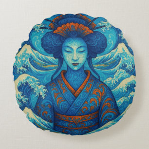 Oosterse schoonheid Geisha Kanagawa blauwe golven Rond Kussen