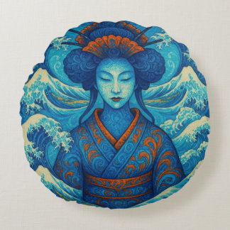 Oosterse schoonheid Geisha Kanagawa blauwe golven Rond Kussen