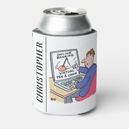 Op Computer Online Banking Funny Cartoon Blikjeskoeler (Blikje Achterkant)