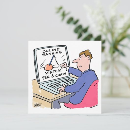 Op Computer Online Banking Funny Cartoon Feestdagenkaart (Staand voorkant)