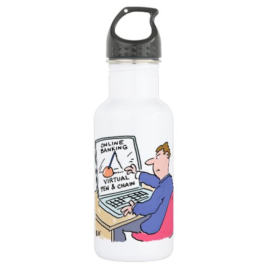 Op Computer Online Banking Funny Cartoon Waterfles (Voorkant)