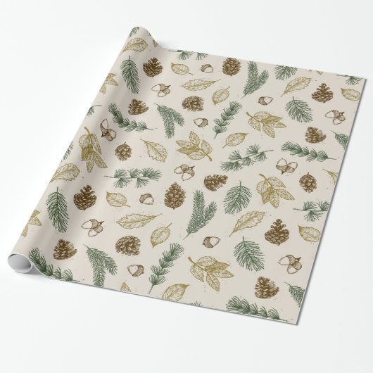 op de bosbodem rustic pinecones evergreen cadeaupapier (Uitgerold)