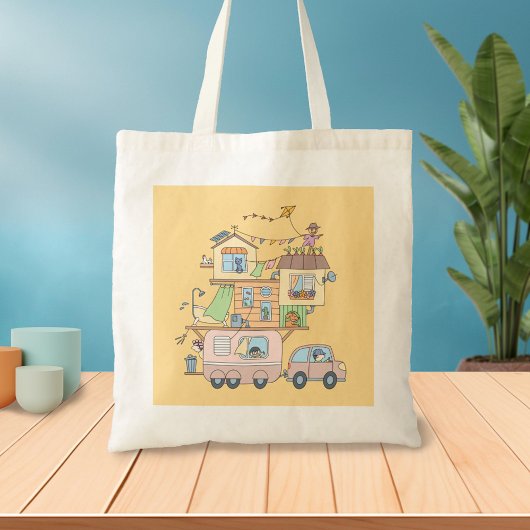 Op de kampeeraanhangwagen van de wegfamilie op gee tote bag