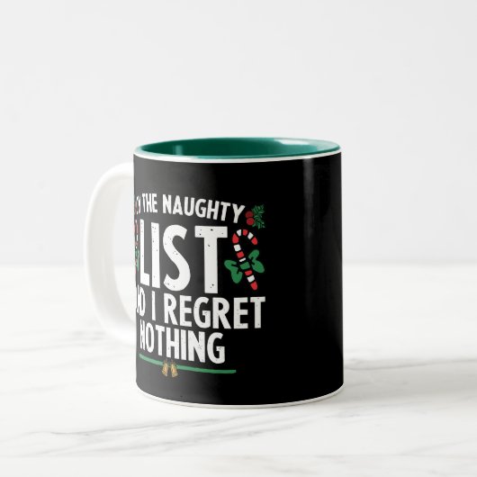 Op de Naughty-lijst betreur ik niets nieuws Tweekleurige Koffiemok (Voorkant links)