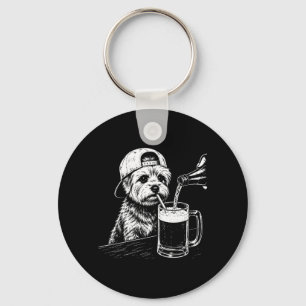 Op de rug Yorkie die bier drinkt Funny Dog Meme Re Sleutelhanger