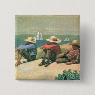 Op de strand, 1875 (m/c) vierkante button 5,1 cm
