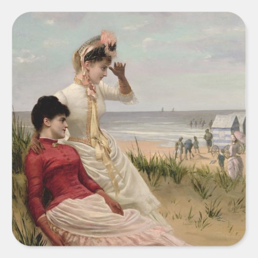 Op de strand vierkante sticker (Voorkant)