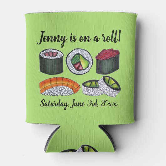 Op een (sushi) roll gefeliciteerd viering blikjeskoeler (Voorkant)