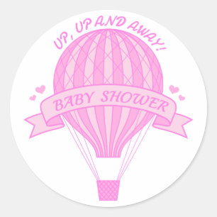 Op en uit, roze heteluchtballon baby shower ronde sticker
