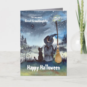Op Grote kleindochter Halloween Black Cat Witch Kaart