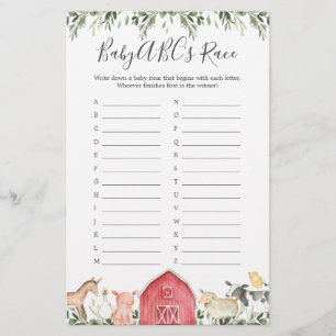Op het Boerderij Baby shower ABC's Race Game