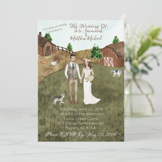 Op het Boerderij bruiloft uitnodiging - Brunette - (Staand voorkant)