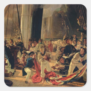 Op het dek tijdens een zee strijd, 1855 vierkante sticker