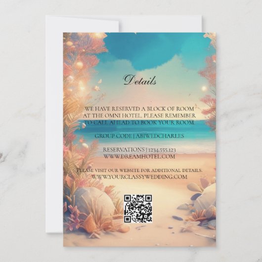 Op het strand bruiloft details kaart (Voorkant)