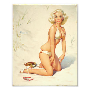 Op het strand Retro Pin-up Girl Foto Afdruk